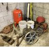 Image 1 : JOB LOT - CHICKEN WIRE, MISC CHAIN, CASTOR WHEELS, PTO PARTS, PRESURE TANK, CHAIN BINDERS