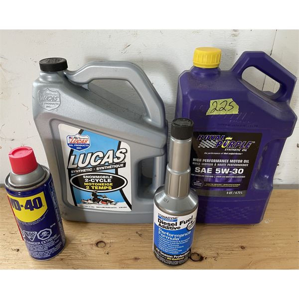 JOB LOT OF FLUIDS - LUCAS SNOWMOBILE OIL, 5W30, DIESEL ADDITIVE, WD40