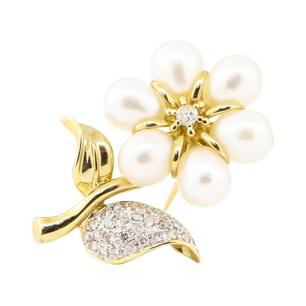 0.44 ctw Diamond and Pearl Flower Pin - 14KT Yellow Gold