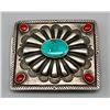 Image 2 : Exquisite Heavy Turquoise and Coral Coin Silver Belt Buckle.