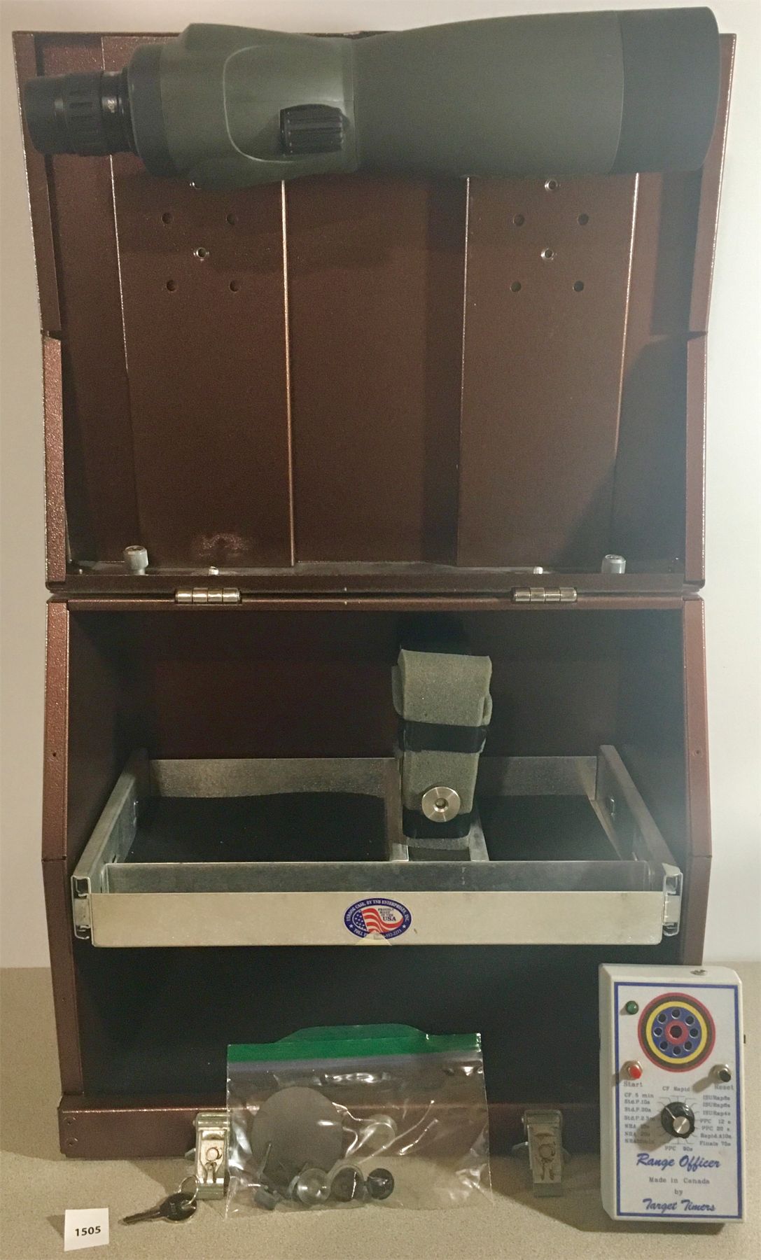 3 GUN PISTOL BOX, BARSKA 20X-60X SPOT SCOPE, TARGET TIMER, BLINDER ...