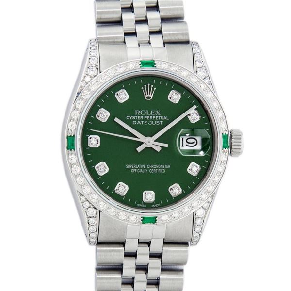 Rolex Mens Stainless Steel Diamond Lugs Green Diamond & Emerald Datejust Wristwa