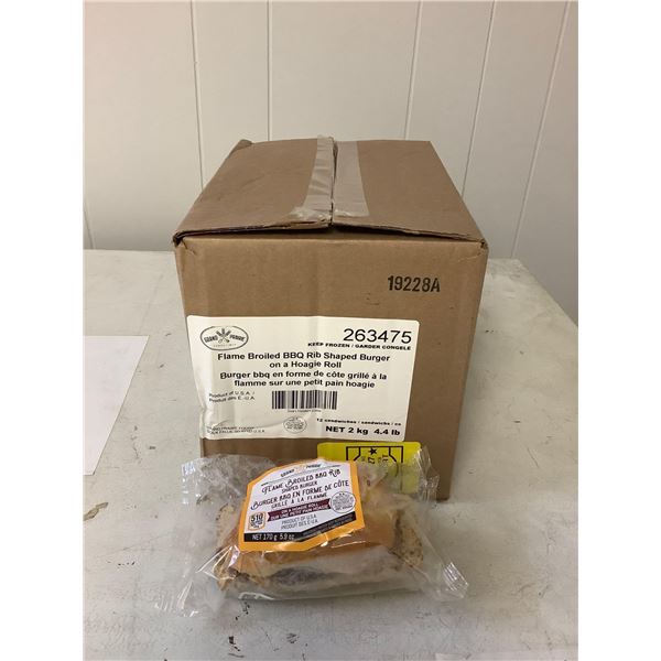 Case of Frozen Grand Prairie Flame Broiled BBQ Rib Shaped Burger on a Hoagie Roll 12/CS (2kg)