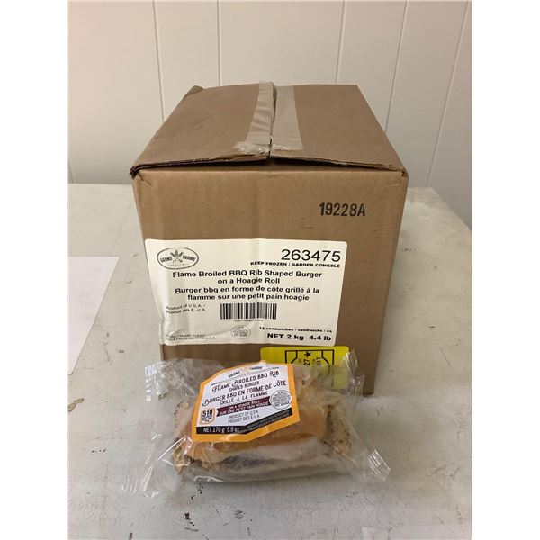 Case of Frozen Grand Prairie Flame Broiled BBQ Rib Shaped Burger on a Hoagie Roll 12/CS (2kg)