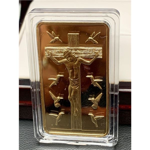 Cased one troy ounce 100 mils .999 fine gold clad ten commandments wafer bar