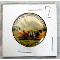 Deering celluloid pin back, binder