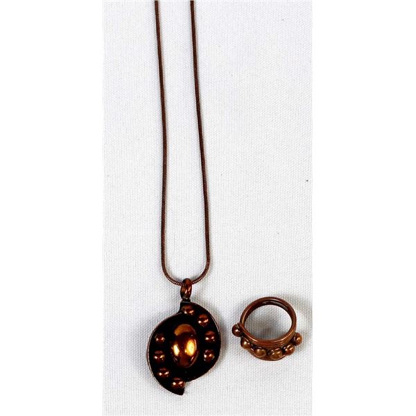 Vintage Copper Pendant Necklace and Ring, Size 8