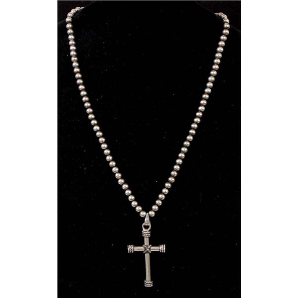 Taxco Sterling Hollow Bead Cross Pendant Necklace
