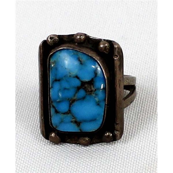 Navajo Old Pawn Sterling Turquoise Ring, Size 9