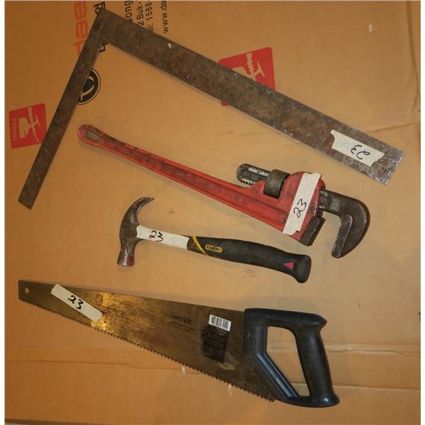 Hammer, Saw, Pipe Wrench, Square