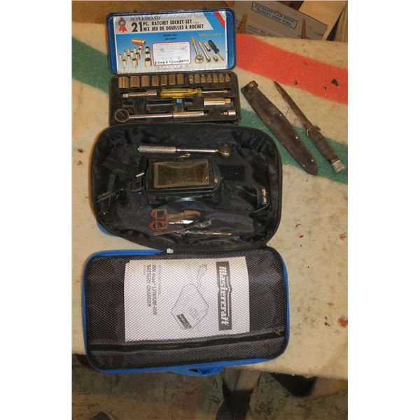 Lot misc. tools including vintage knife & Socket set