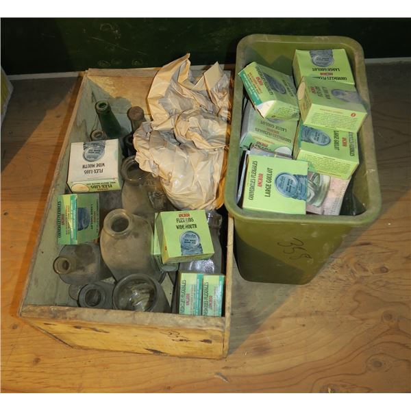 Wooden Crate w/ Vintage glass + Bin of sealer lids