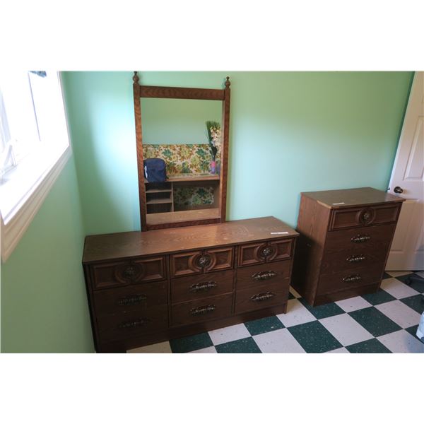 2 Vintage Dressers + Mirror 60"×16"×30" & 32"×16"×38"