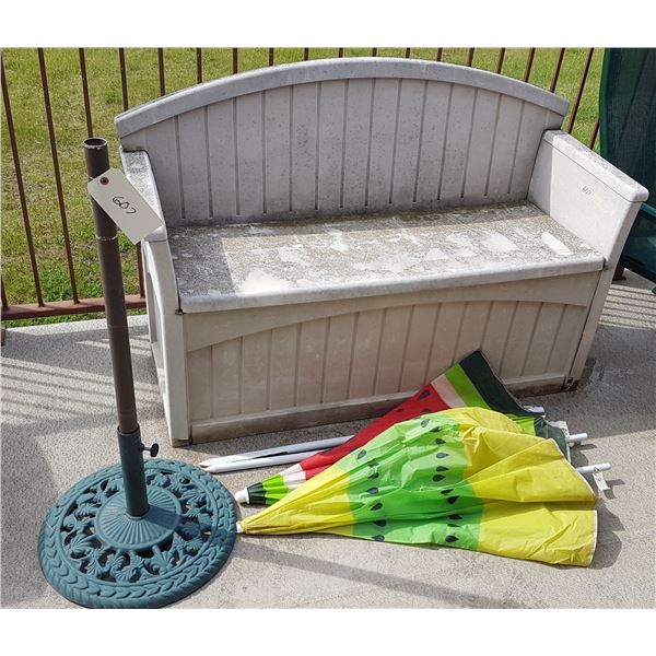 Patio Bench / Storage & Umbrella Base & Umbrella
