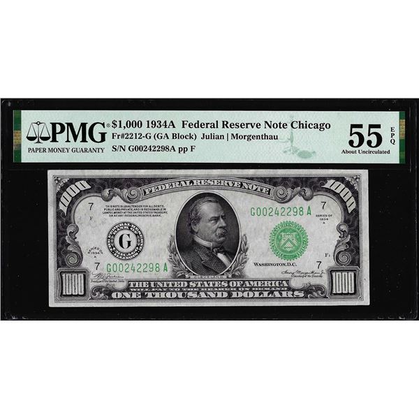 1934A $1,000 Federal Reserve Note Chicago Fr.2212-G PMG About Uncirculated 55EPQ