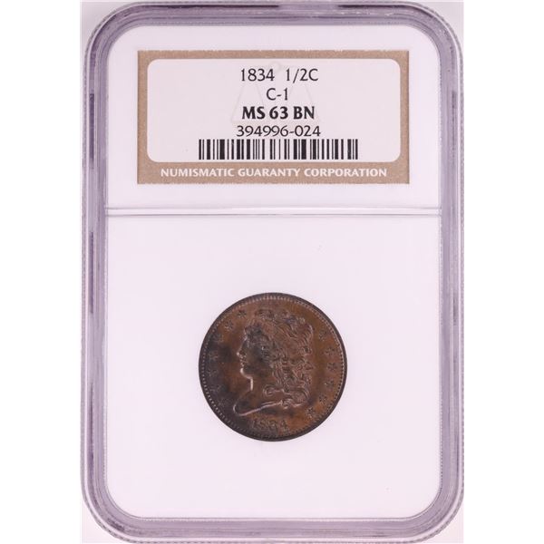 1834 C-1 Classic Head Half Cent Coin NGC MS63BN