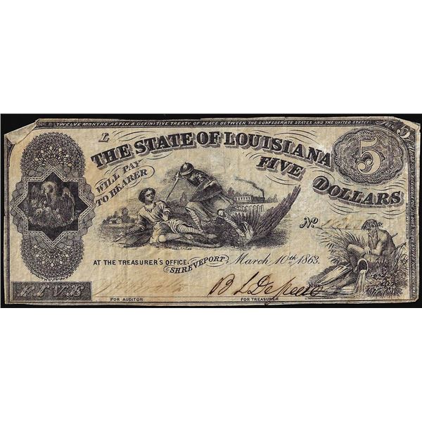 1863 $5 The State of Louisiana Baton Rouge, LA Obsolete Banknote