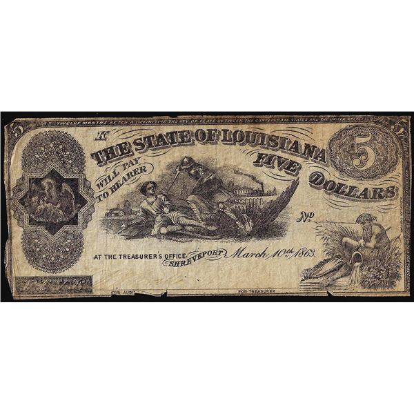 1863 $5 The State of Louisiana Baton Rouge, LA Obsolete Banknote