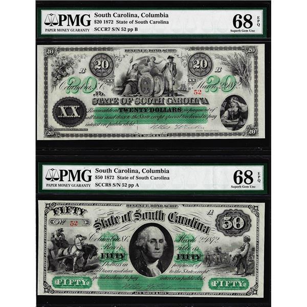 Low Serial Set 1872 $20 & $50 South Carolina Obsolete Notes PMG Superb Gem Unc. 68EPQ