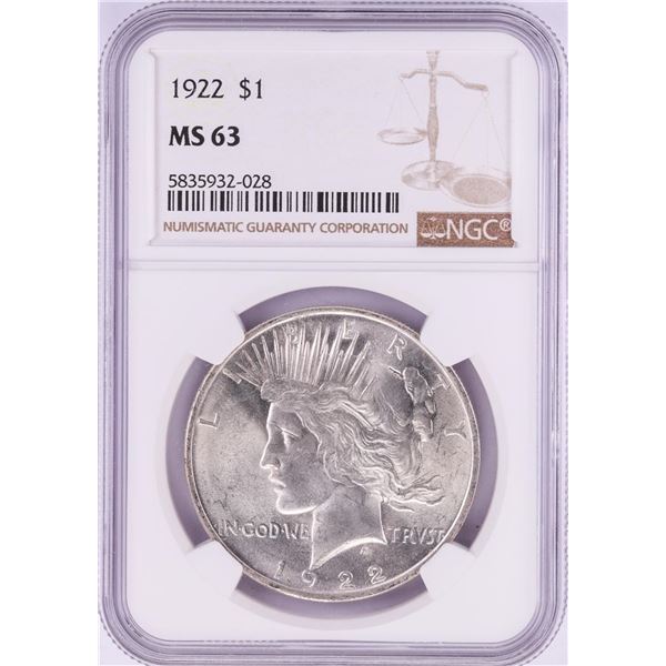 1922 $1 Peace Silver Dollar Coin NGC MS63