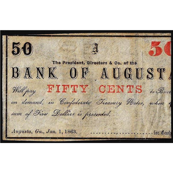 1863 Bank of Augusta Fifty Cents Obsolete Bank Note