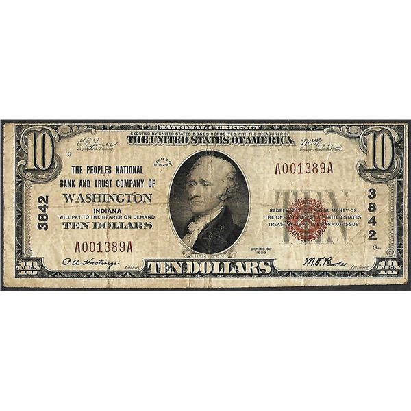 1929 $10 Peoples NB and Trust Co. of Washington, IN CH# 3842 National Currency Note