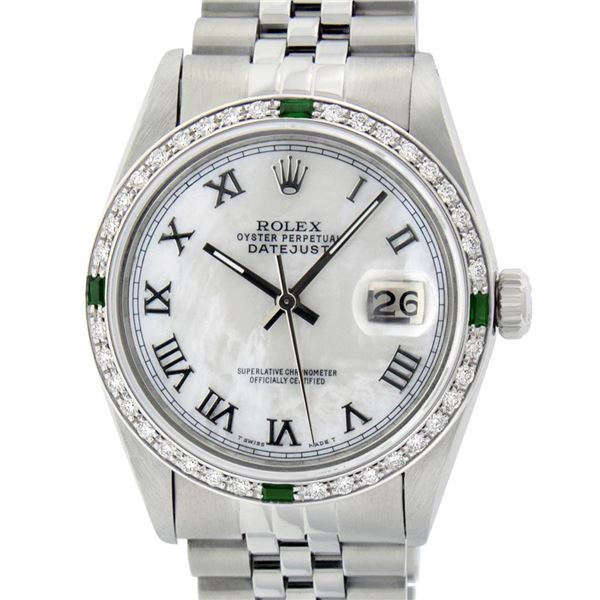 Rolex Men's Stainless Steel Silver MOP Diamond & Emerald Datejust Wristwatch