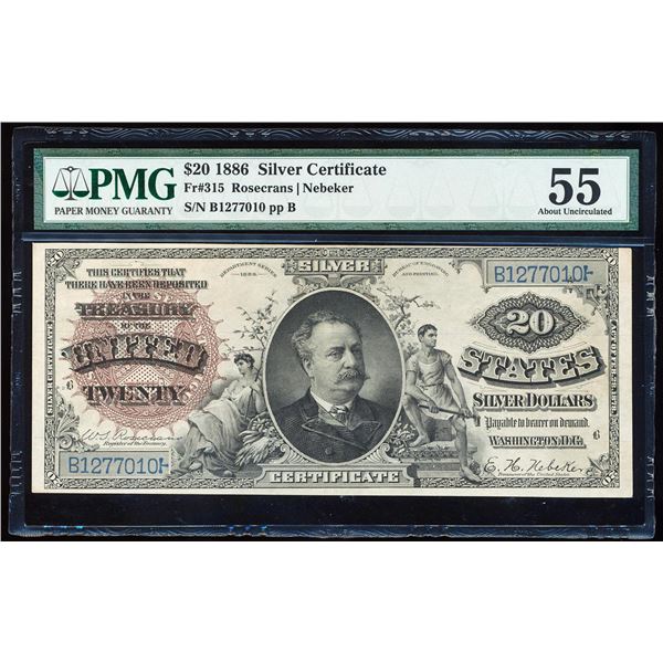 Finest Known 1886 $20 "Diamond Back" Silver Certificate Note Fr.315 PMG About Unc. 55