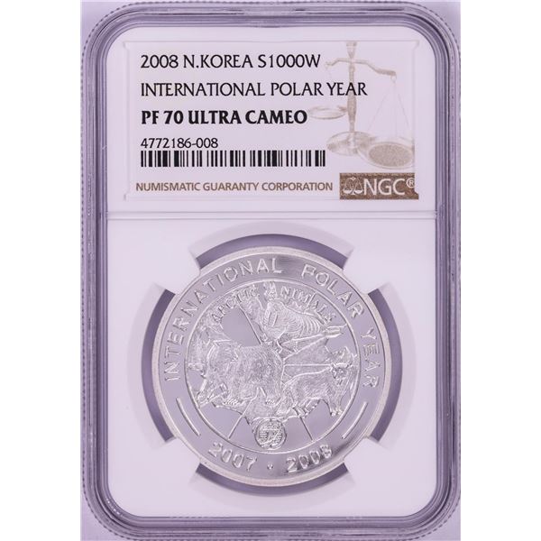 2008 Proof N. Korea 1000 Won International Polar Year Silver Coin NGC PF70 Ultra Cameo