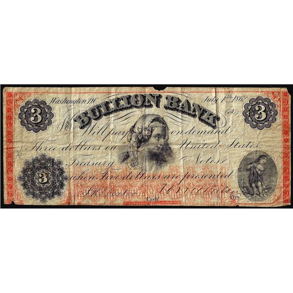 1862 $3 Bullion Bank Washington, D.C. Obsolete Banknote