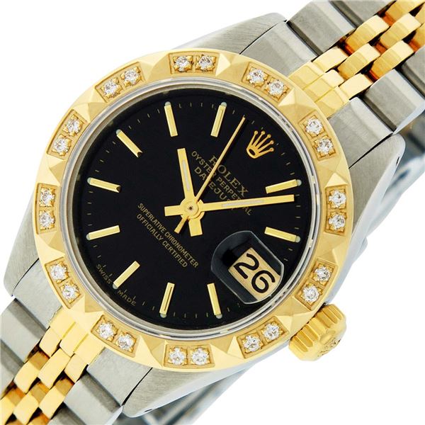 Rolex Ladies Two Tone Black Diamond Oyster Perpetual Datejust Wristwatch