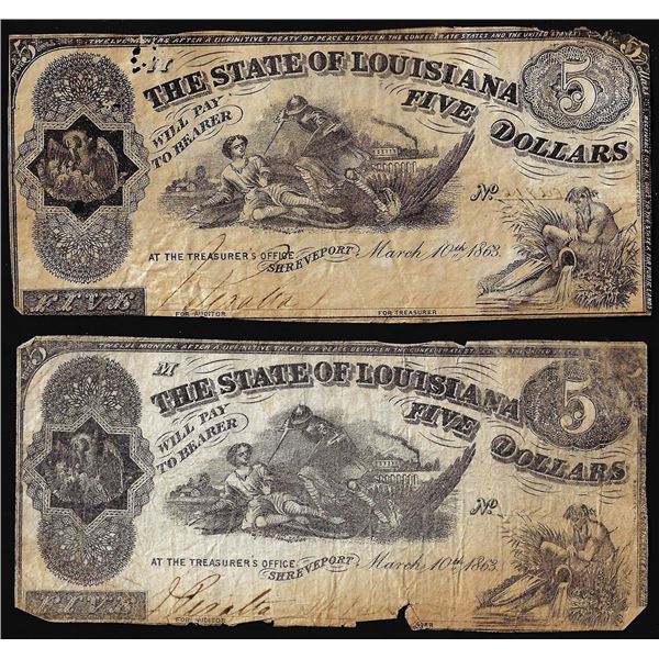 Lot of (2) 1863 $5 The State of Louisiana Baton Rouge, LA Obsolete Banknotes