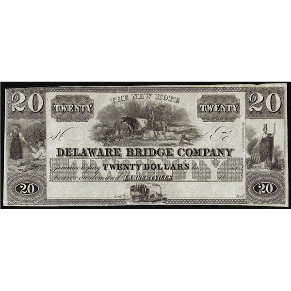 1800's $20 Delaware Bridge Lambertville, N.J.  Obsolete Banknote