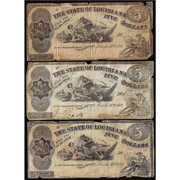 Lot of (3) 1863 $5 The State of Louisiana Baton Rouge, LA Obsolete Banknotes