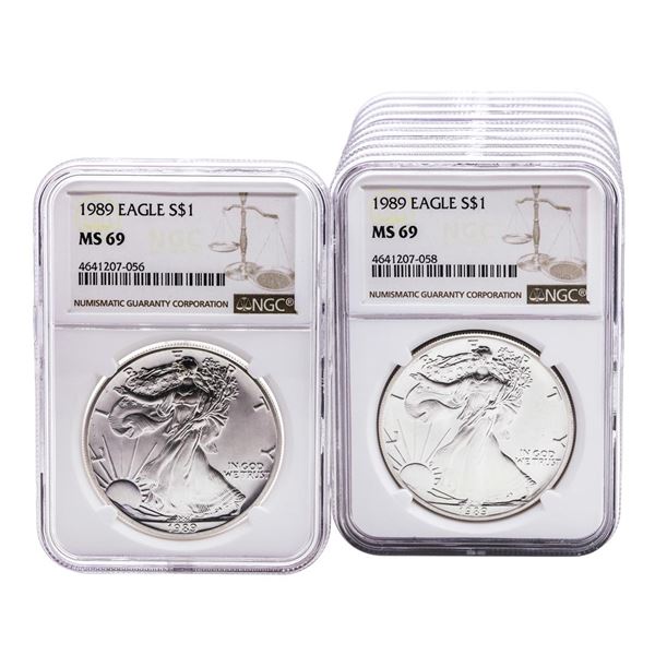 Lot of (10) 1989 $1 American Silver Eagle Coins NGC MS69