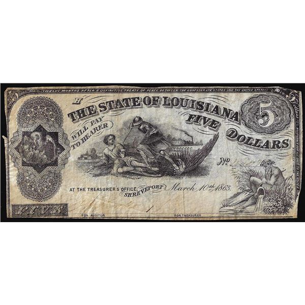 1863 $5 The State of Louisiana Baton Rouge, LA Obsolete Banknote