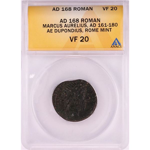 168 AD Ancient Roman Marcus Aurelius Dupondius Rome Mint Coin ANACS VF20