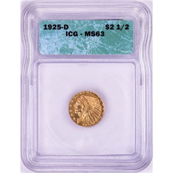 1925-D $2 1/2 Indian Head Quarter Eagle Gold Coin ICG MS63