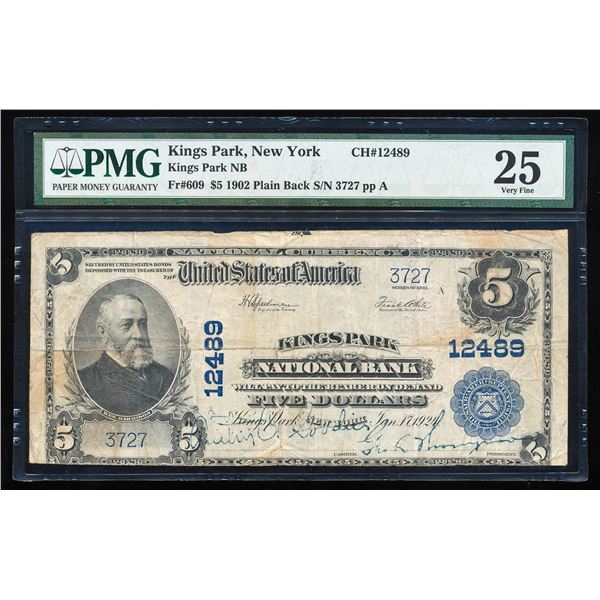 1902PB $5 Kings Park, NY CH# 12489 National Currency Note PMG Very Fine 25