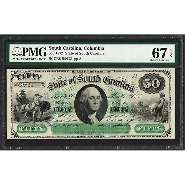 1872 $50 State of South Carolina Revenue Bond Obsolete Note PMG Superb Gem Unc. 67EPQ