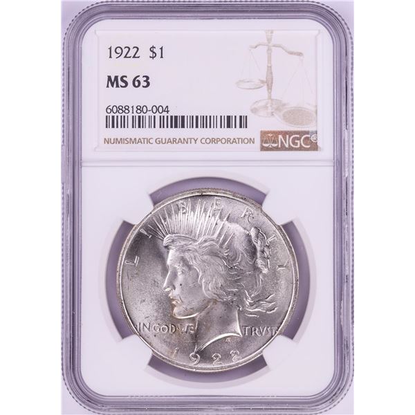 1922 $1 Peace Silver Dollar Coin NGC MS63