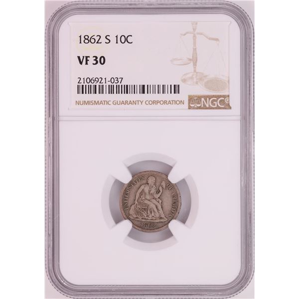 1862-S Seated Liberty Dime Coin NGC VF30