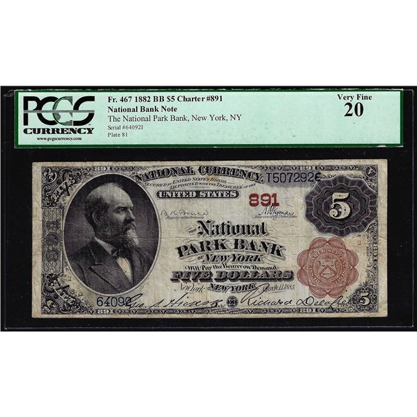 1882BB $5 Park Bank of New York, NY CH# 891 National Currency Note PCGS Very Fine 20