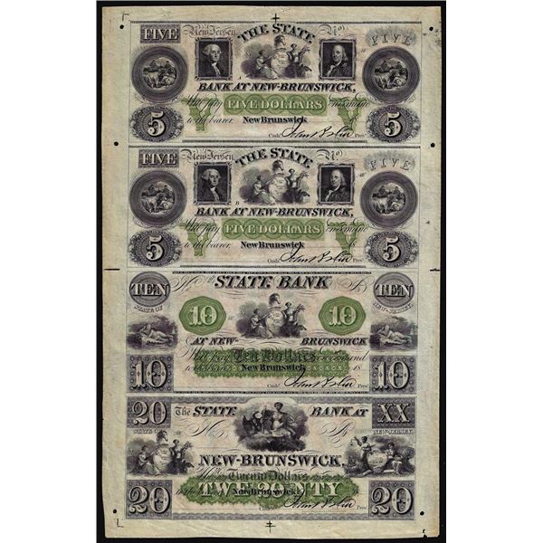 Uncut Sheet of $5/$5/$10/$20 The State Bank at New Brunswick, NJ Obsolete Notes