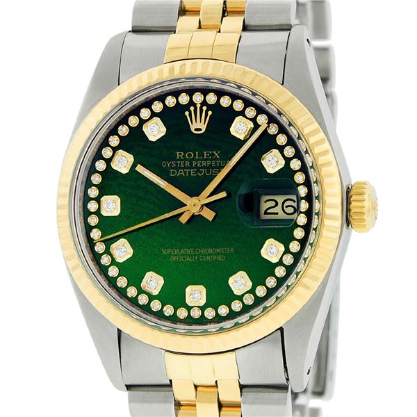 Rolex Men's Two Tone Stainless Steel & Gold Green String Diamond 36MM Datejust Watch