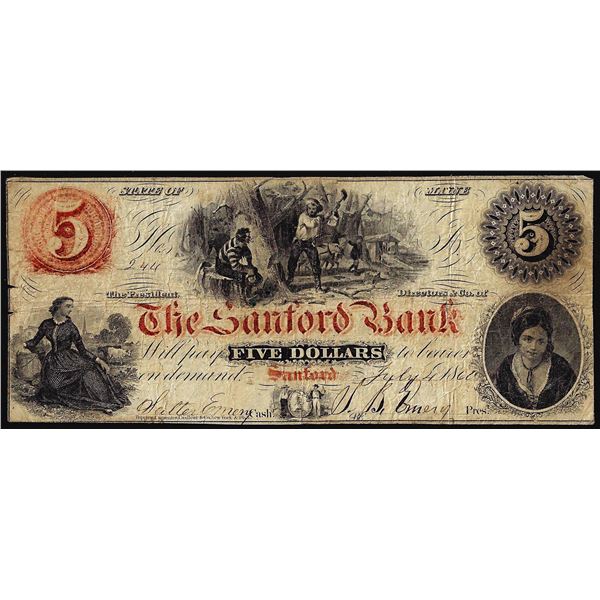 1860 $5 The Sanford Bank Sanford, ME Obsolete Banknote