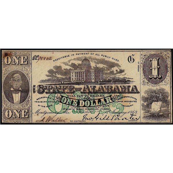 1863 $1 State of Alabama Montgomery, AL Obsolete Note