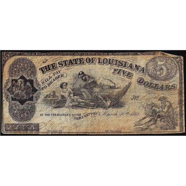 1863 $5 The State of Louisiana Baton Rouge, LA Obsolete Banknote