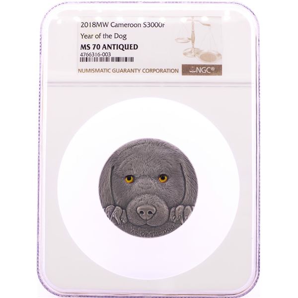 2018MW Cameroon 300 Francs Year of the Dog Silver Coin NGC MS70 Antiqued