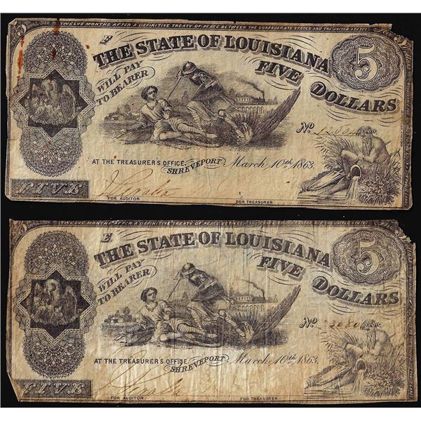 Lot of (2) 1863 $5 The State of Louisiana Baton Rouge, LA Obsolete Banknotes